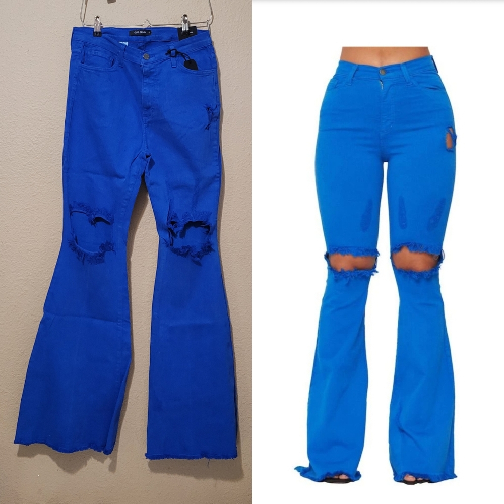 Denim Flare Leg High Waisted Jeans Ripped Frayed Bell Bottoms Blue Size 13 New